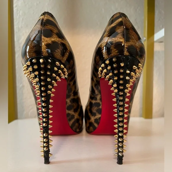 Christian Louboutin Brown/Beige Leopard Print Spikes Platform Pump - Picture 3 of 10